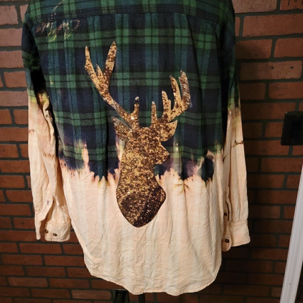 Custom Blue Green flannel plaid bleached shirt with sequined reindeer on back - Picture 2 of 7